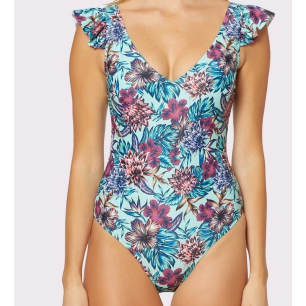 Jessica Simpson Mint Tropical Floral Ruffle One‎ Piece Swimsuit Small NWT